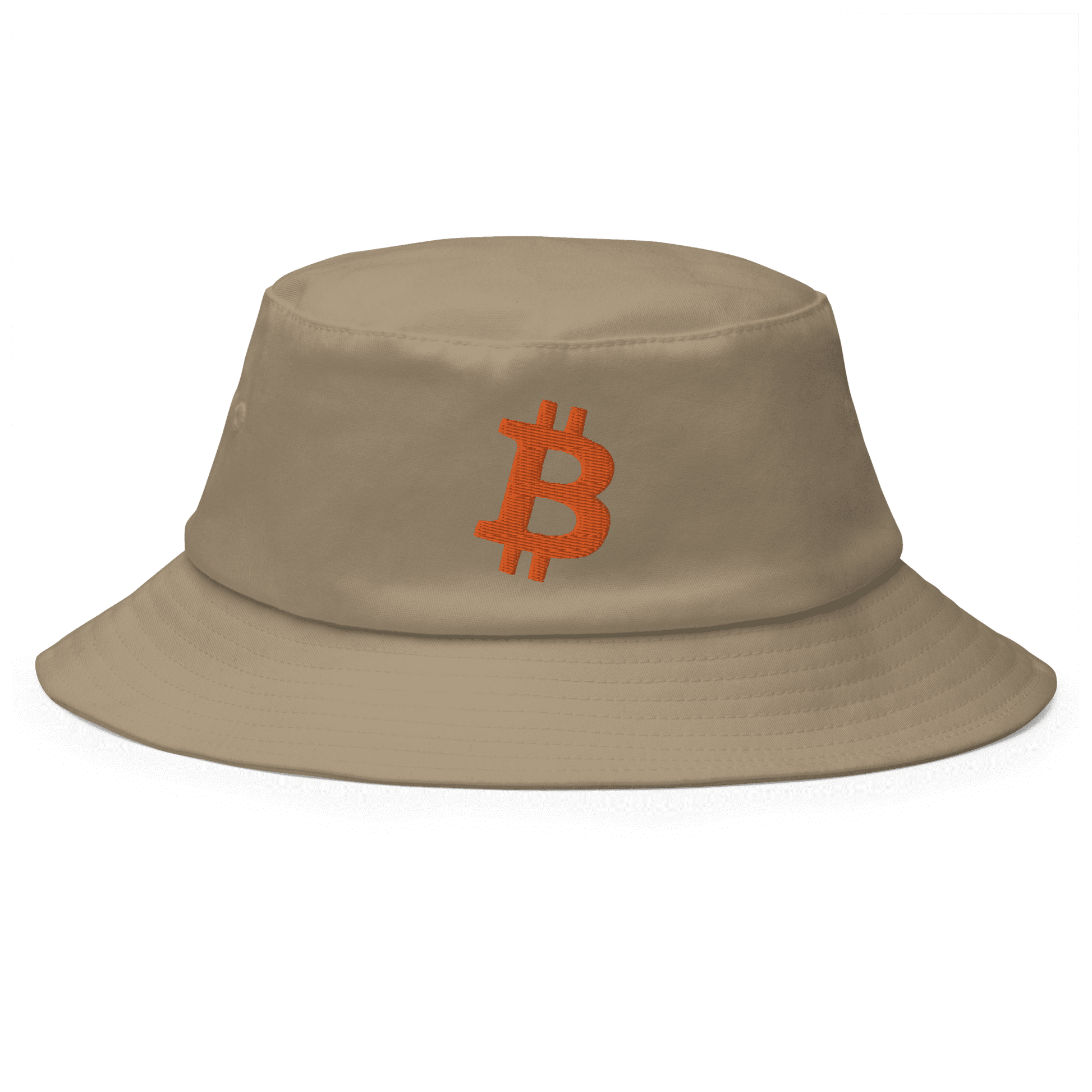 Front view of a khaki bitcoin bucket hat.