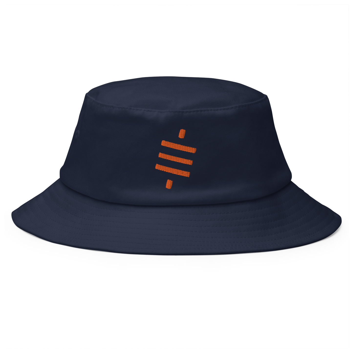 Front view of a navy colored bitcoin bucket hat.
