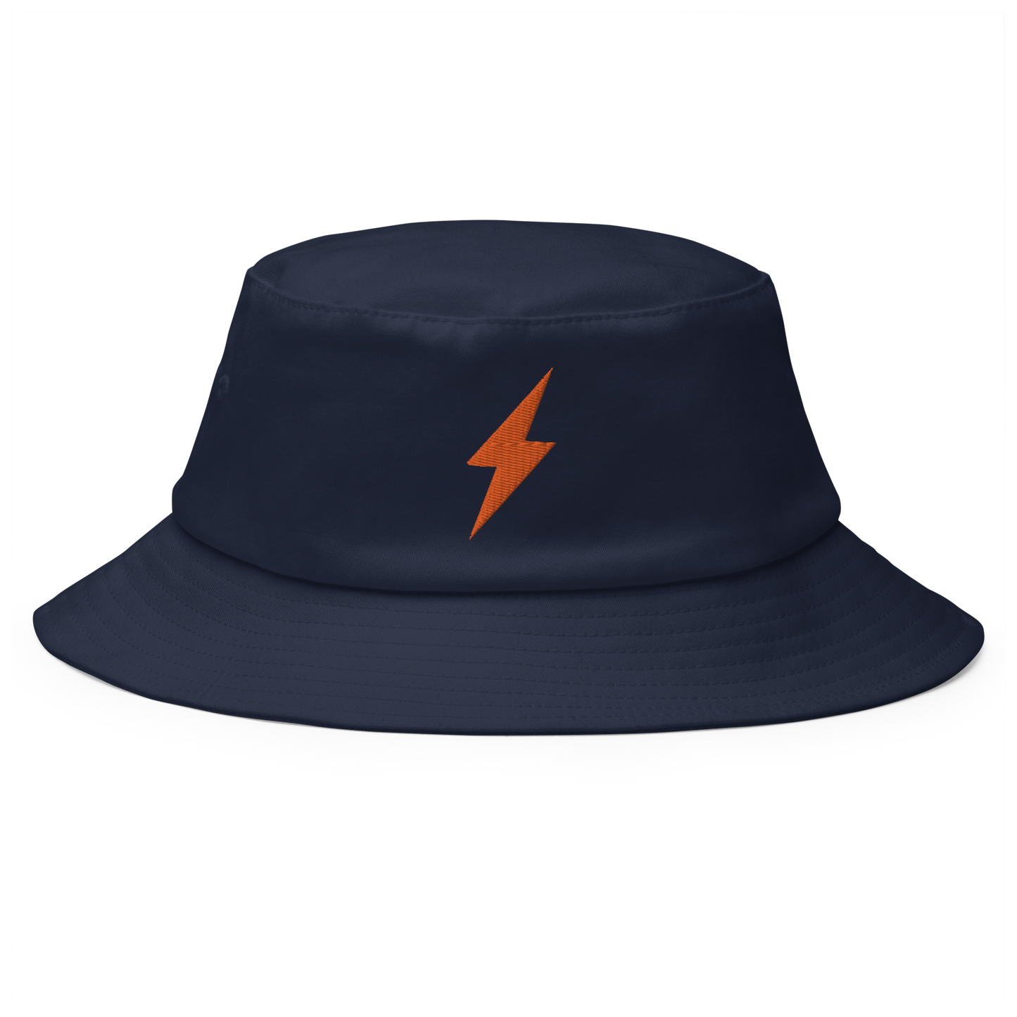 Front view of a navy colored bitcoin bucket hat.