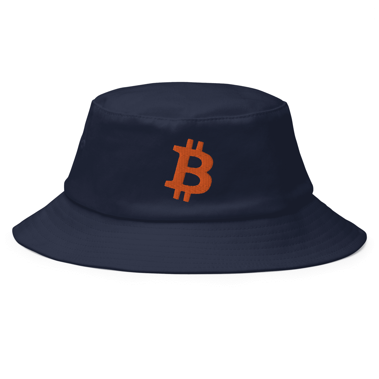 Front view of a navy colored bitcoin bucket hat.
