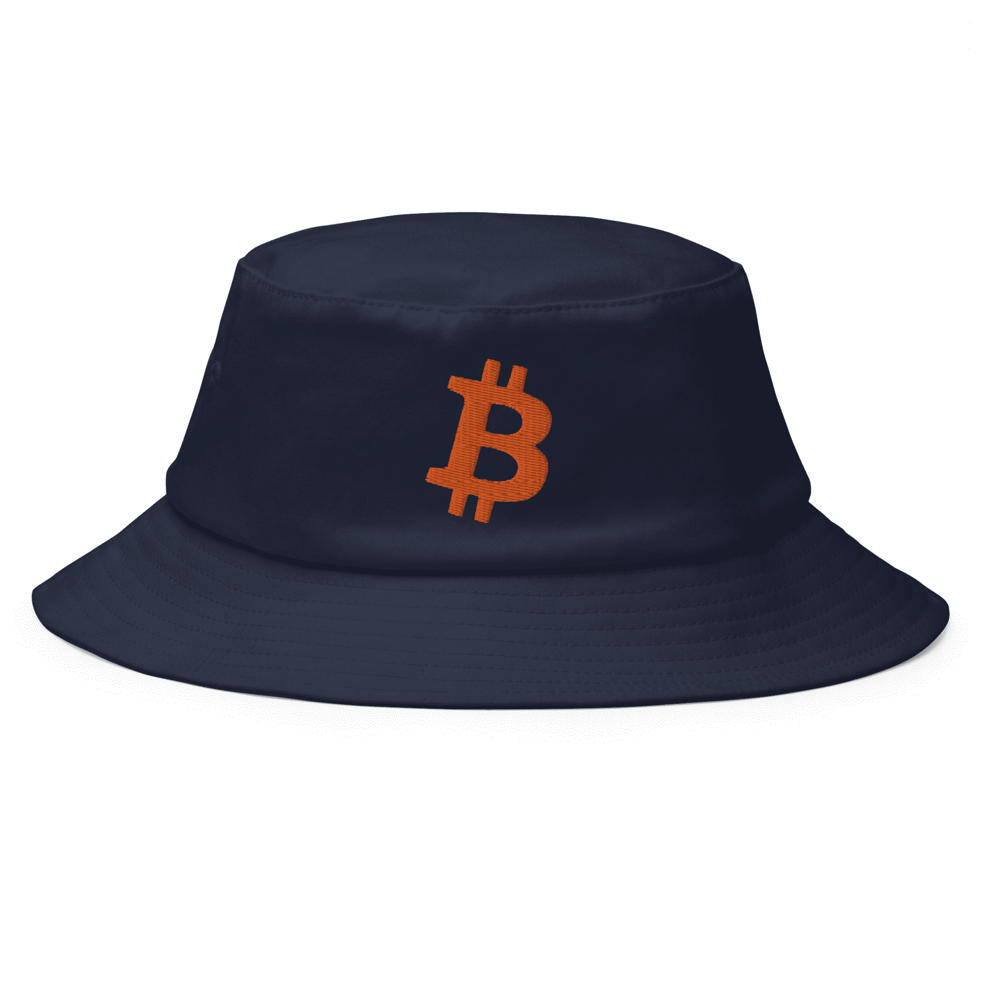 Front view of a navy colored bitcoin bucket hat.
