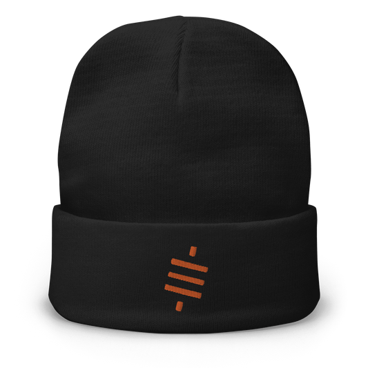 Front view of a black bitcoin beanie.