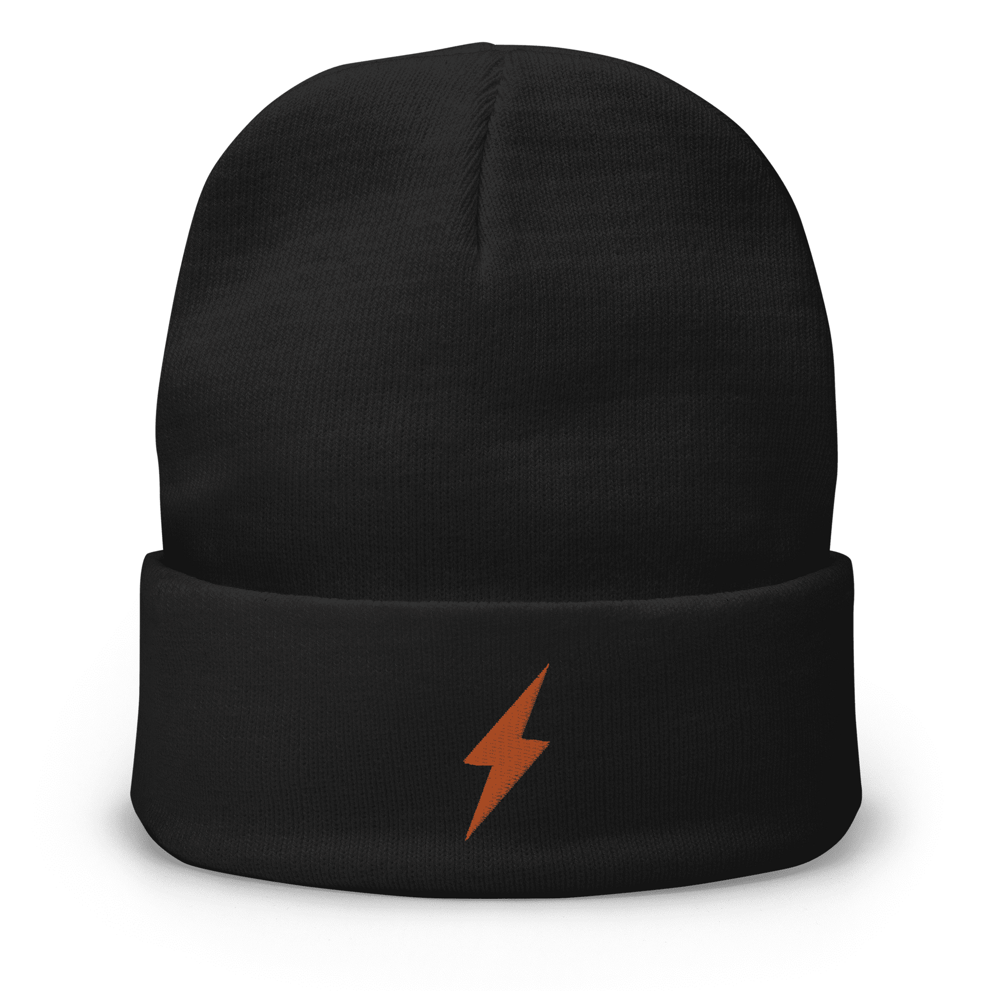 Front view of a black bitcoin beanie.