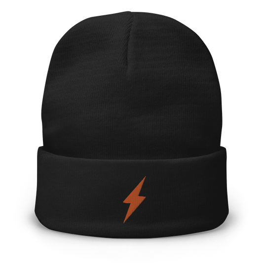 Front view of a black bitcoin beanie.