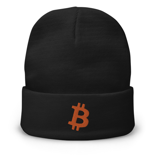 Front view of a black bitcoin beanie.