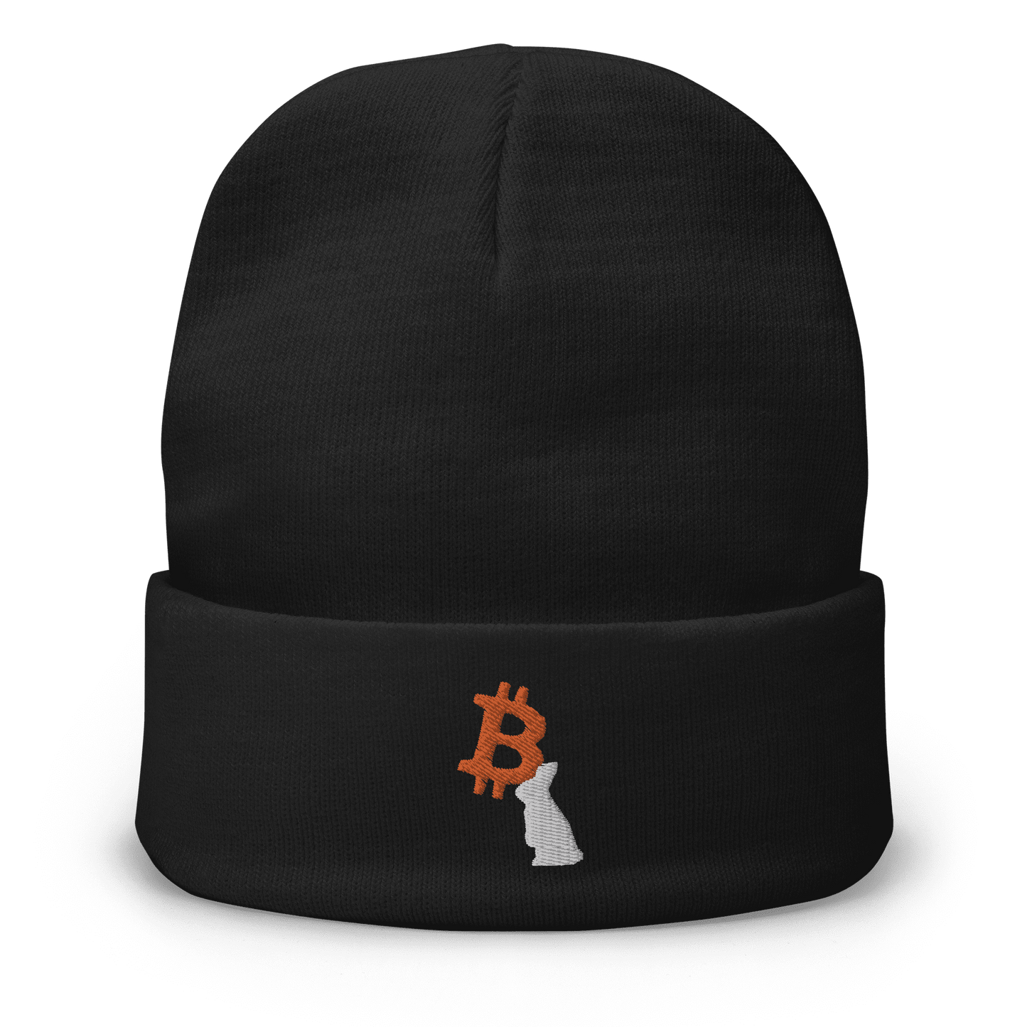 Front view of a black bitcoin beanie.