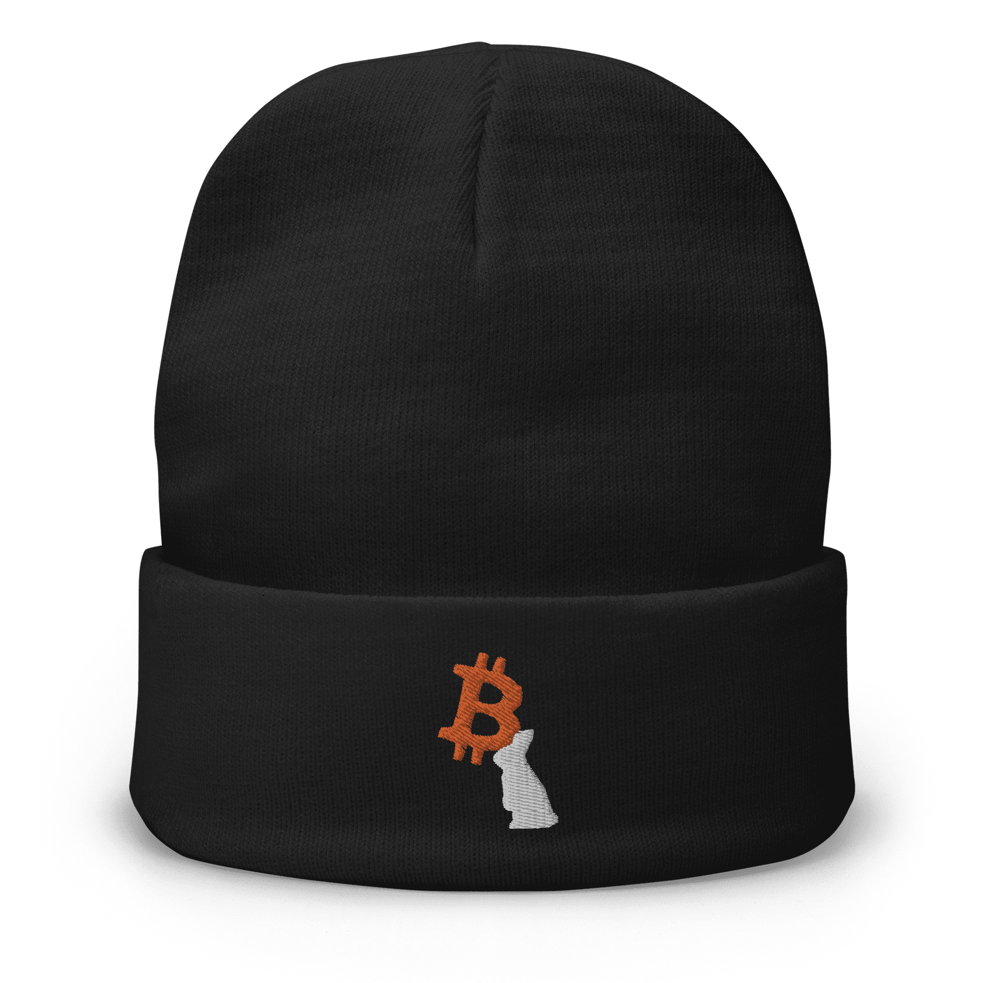 Front view of a black bitcoin beanie.