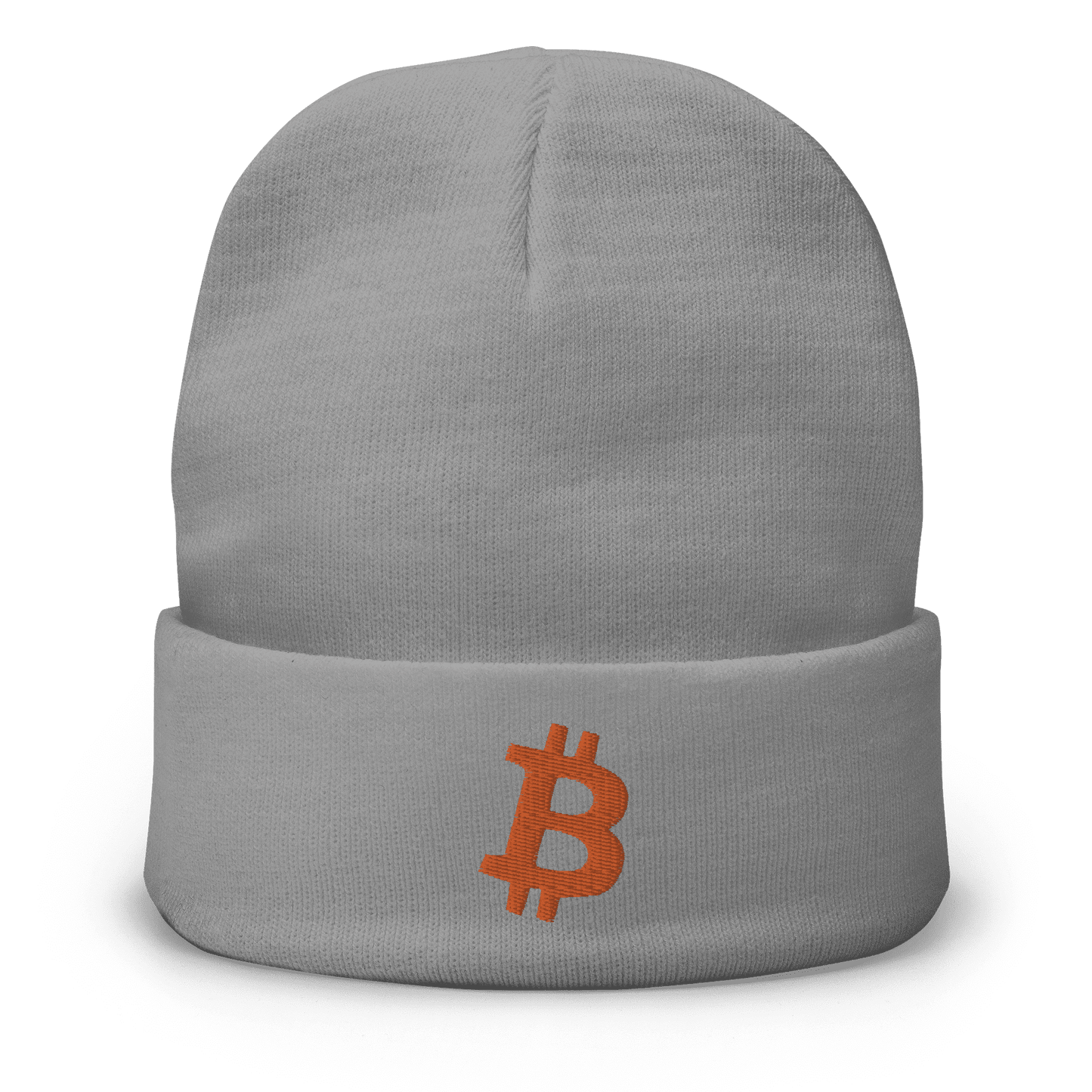 Front view of a grey bitcoin beanie.
