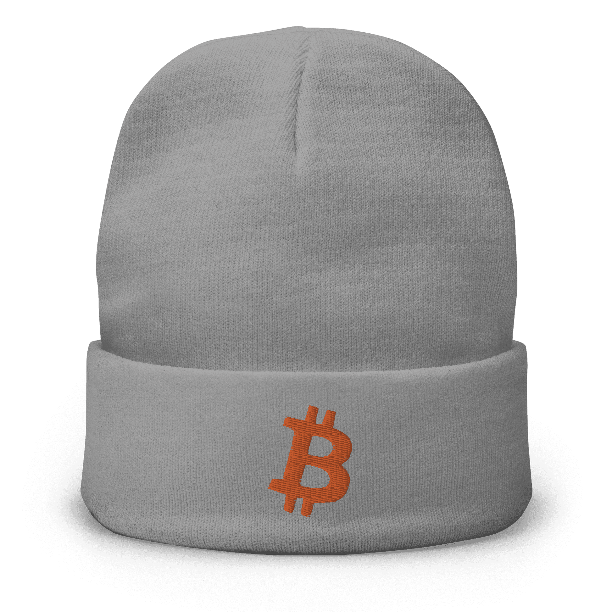 Front view of a grey bitcoin beanie.