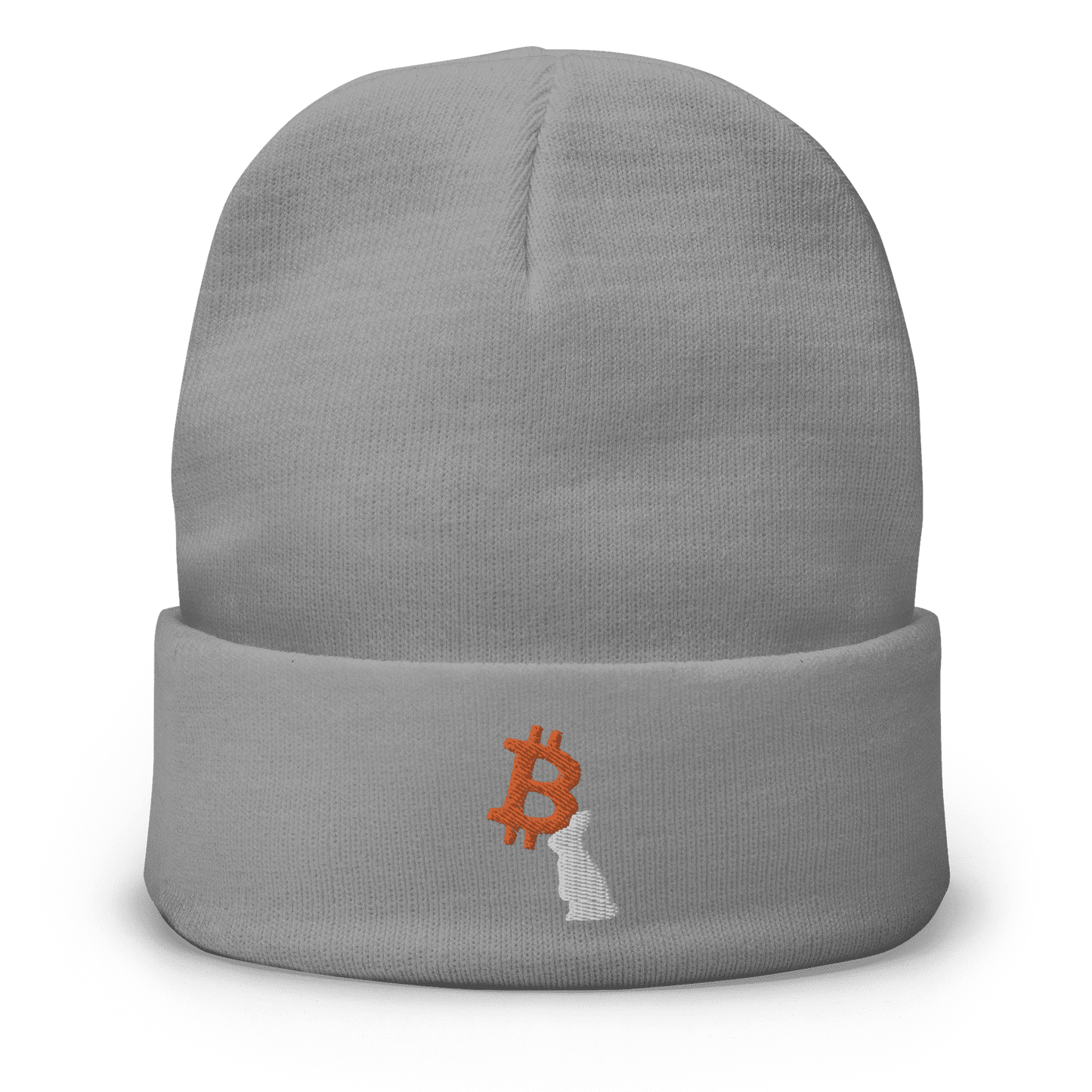 Front view of a grey bitcoin beanie.