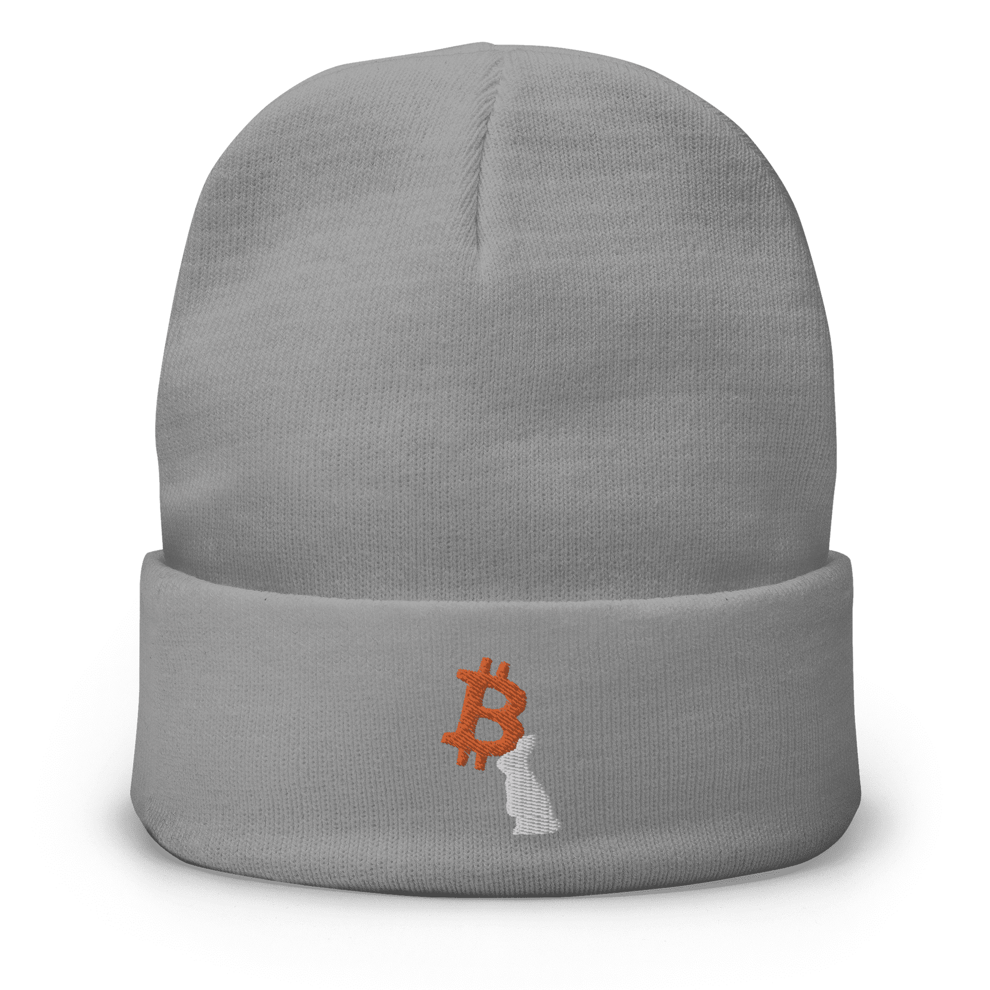 Front view of a grey bitcoin beanie.