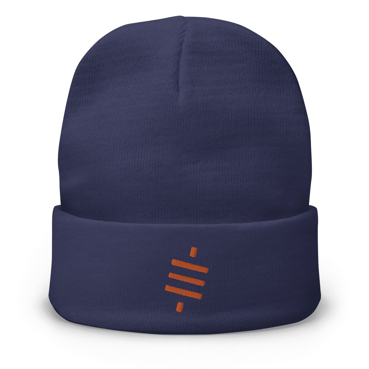 Front view of a navy colored bitcoin beanie.