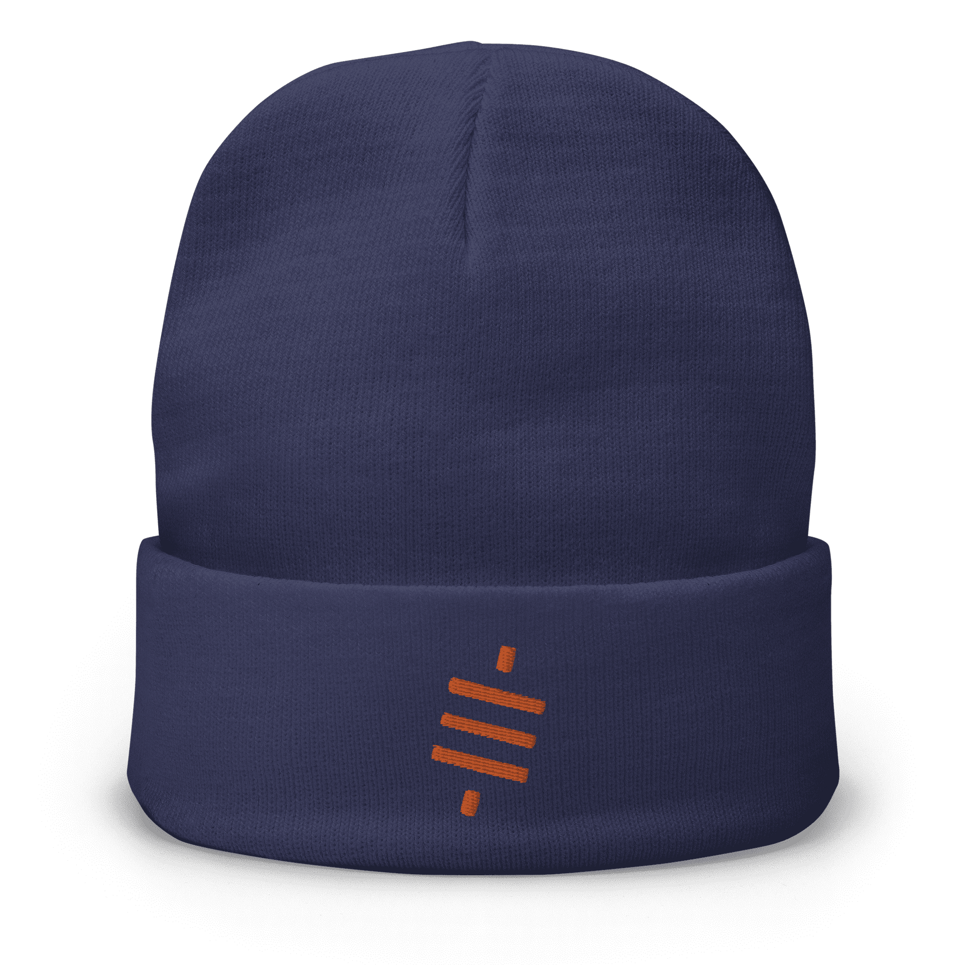Front view of a navy colored bitcoin beanie.