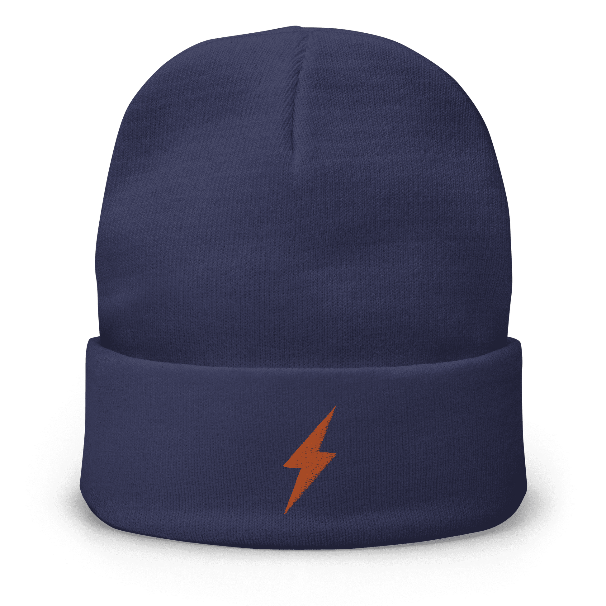 Front view of a navy colored bitcoin beanie.