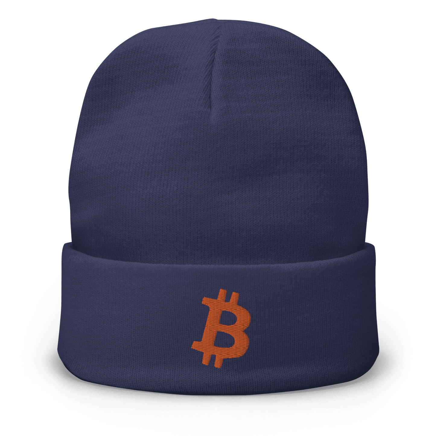 Front view of a navy colored bitcoin beanie.