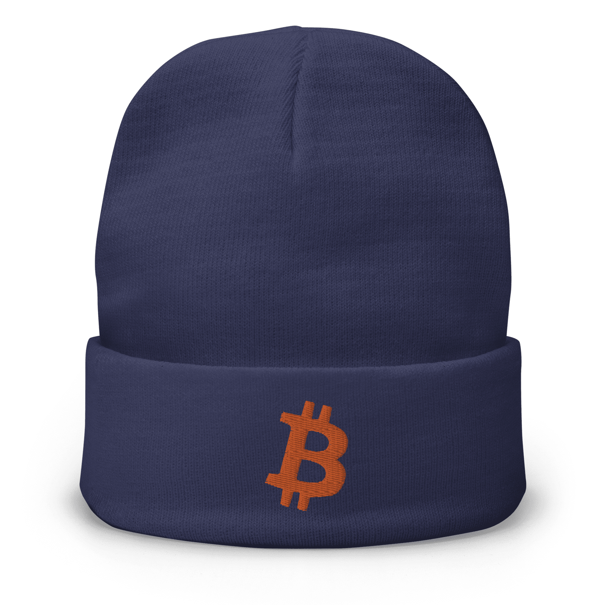 Front view of a navy colored bitcoin beanie.