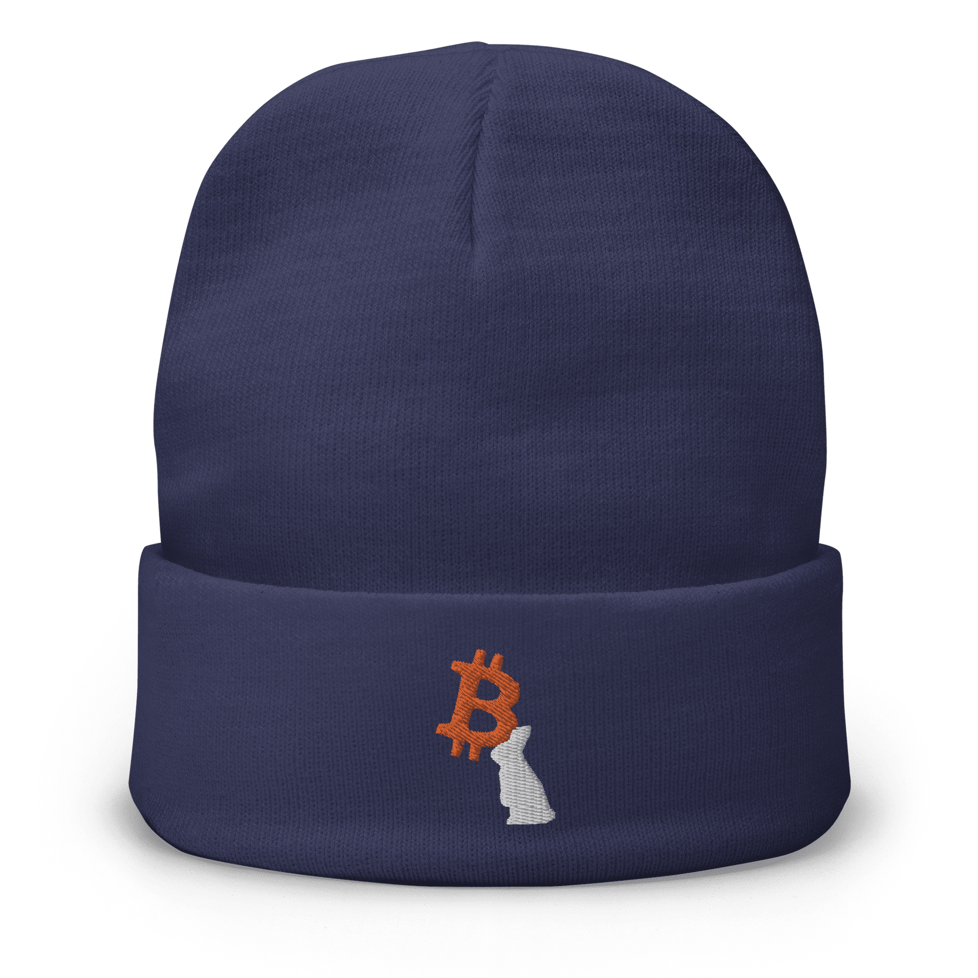 Front view of a navy colored bitcoin beanie.