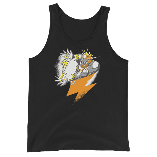 Front view of a black bitcoin tank top.