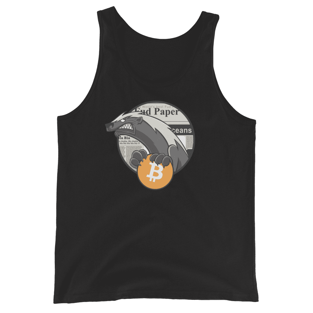 Front view of a black bitcoin tank top.