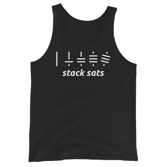 Front view of a black bitcoin tank top.