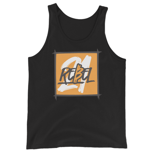 Front view of a black bitcoin tank top.