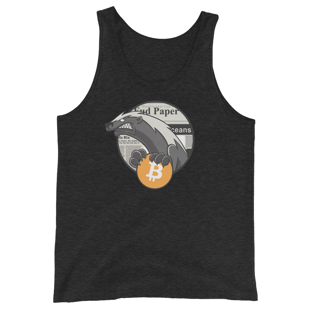 Front view of a charcoal black bitcoin tank top.
