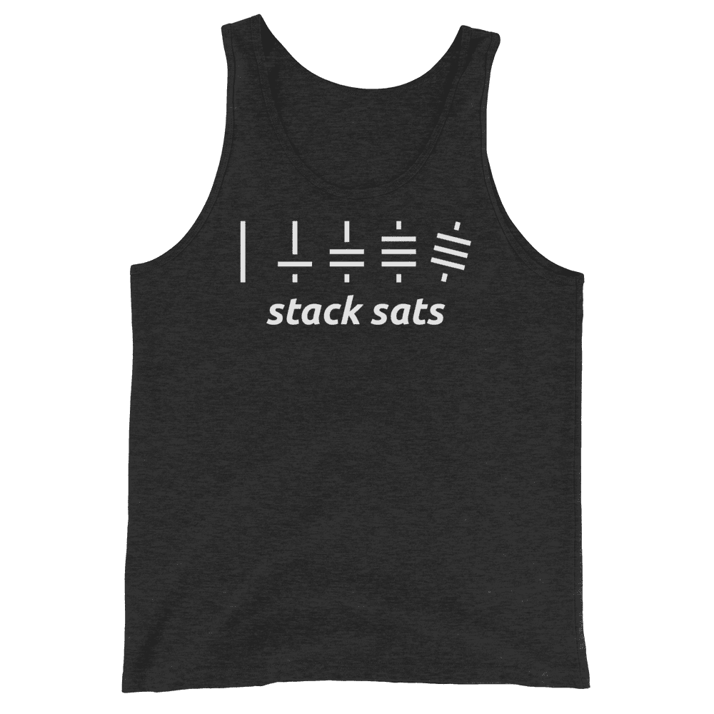 Front view of a charcoal black bitcoin tank top.