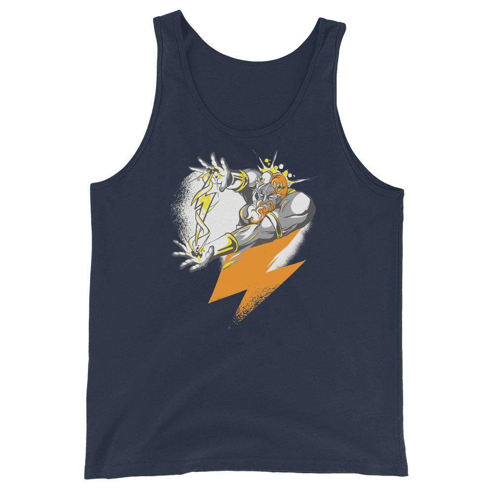 Front view of a navy colored bitcoin tank top.