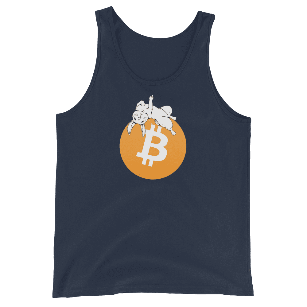 Front view of a navy colored bitcoin tank top.