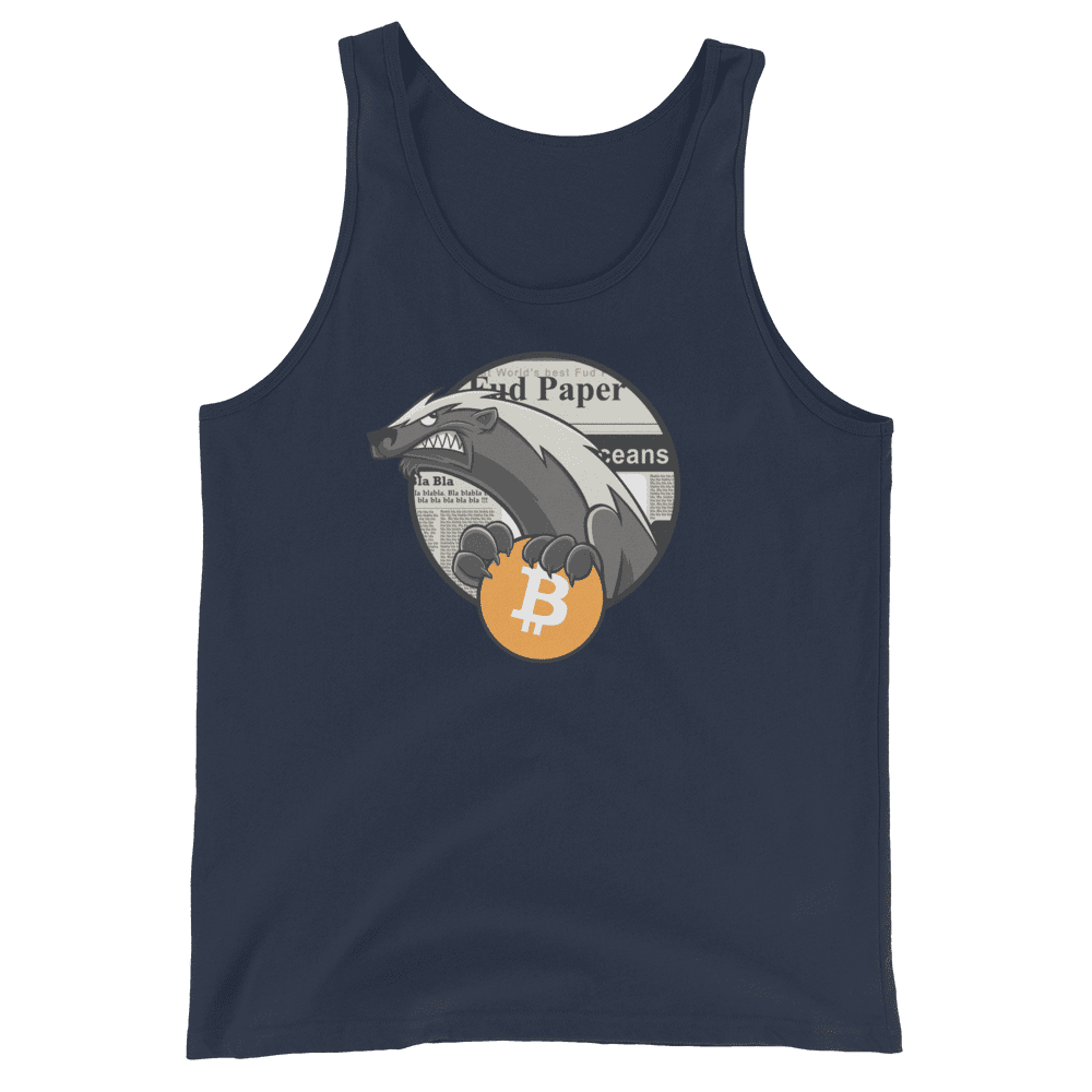 Front view of a navy colored bitcoin tank top.