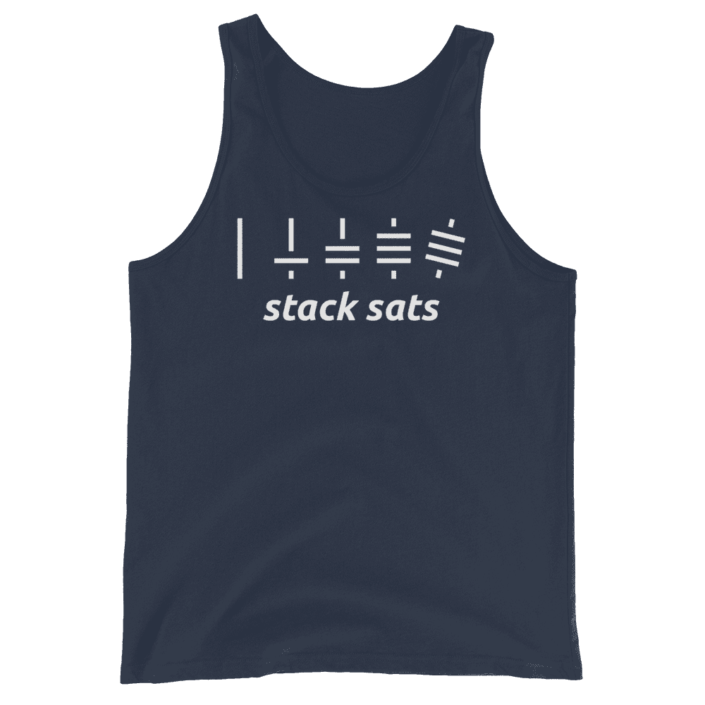 Front view of a navy colored bitcoin tank top.