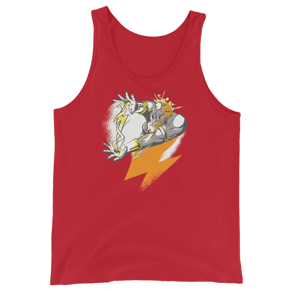Front view of a red bitcoin tank top.