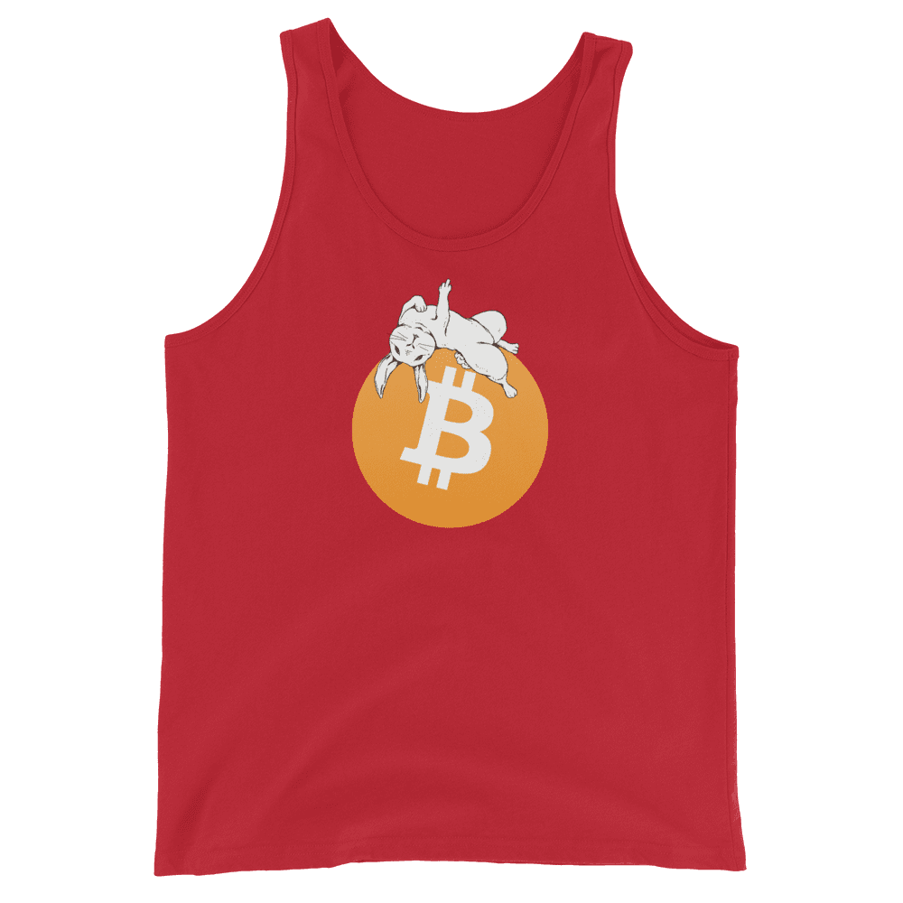 Front view of a red bitcoin tank top.