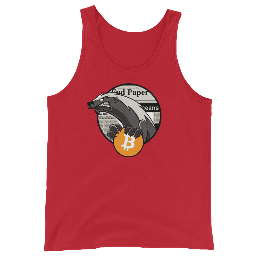 Front view of a red bitcoin tank top.