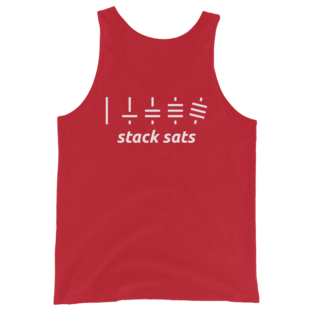 Front view of a red bitcoin tank top.