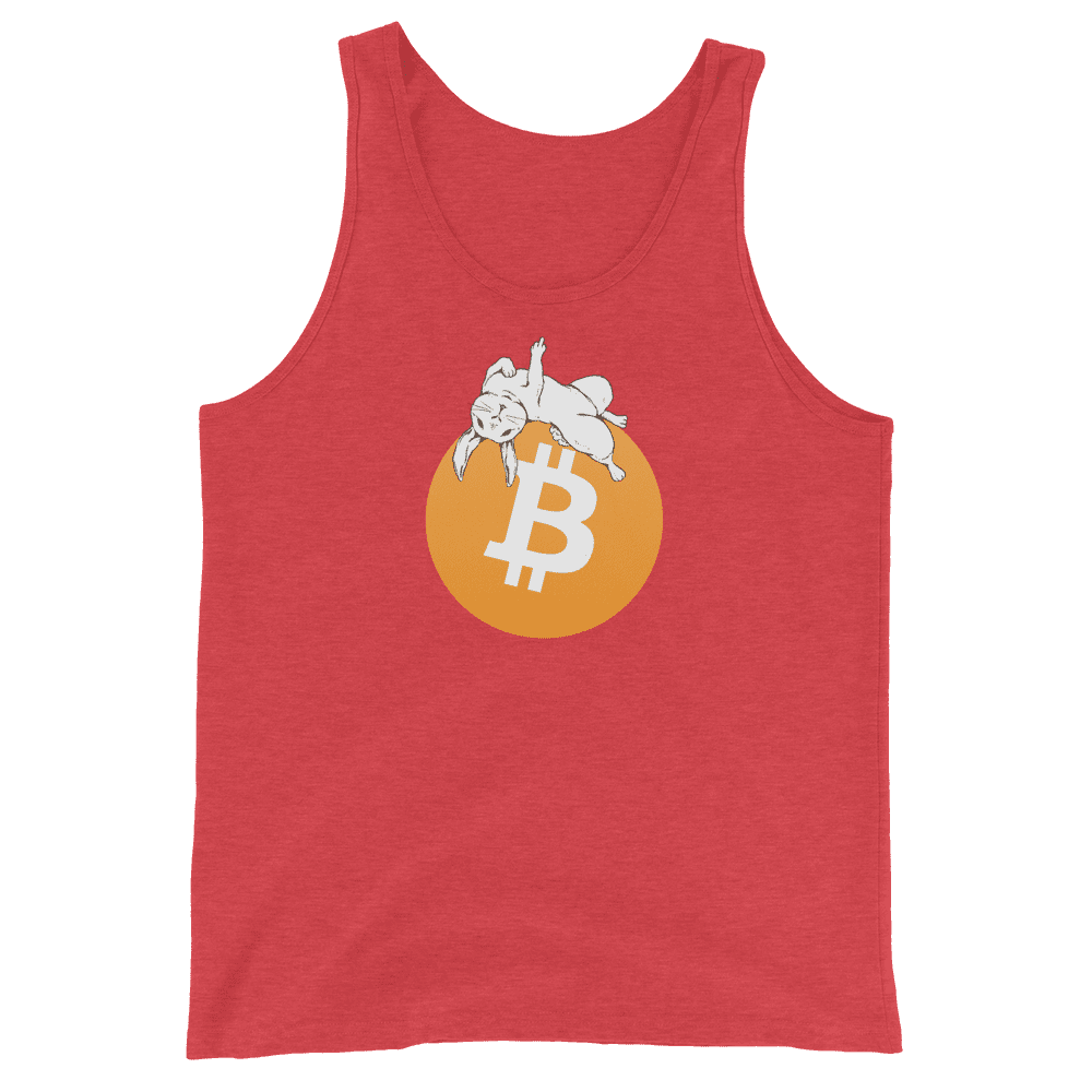 Front view of a red triblend bitcoin tank top.