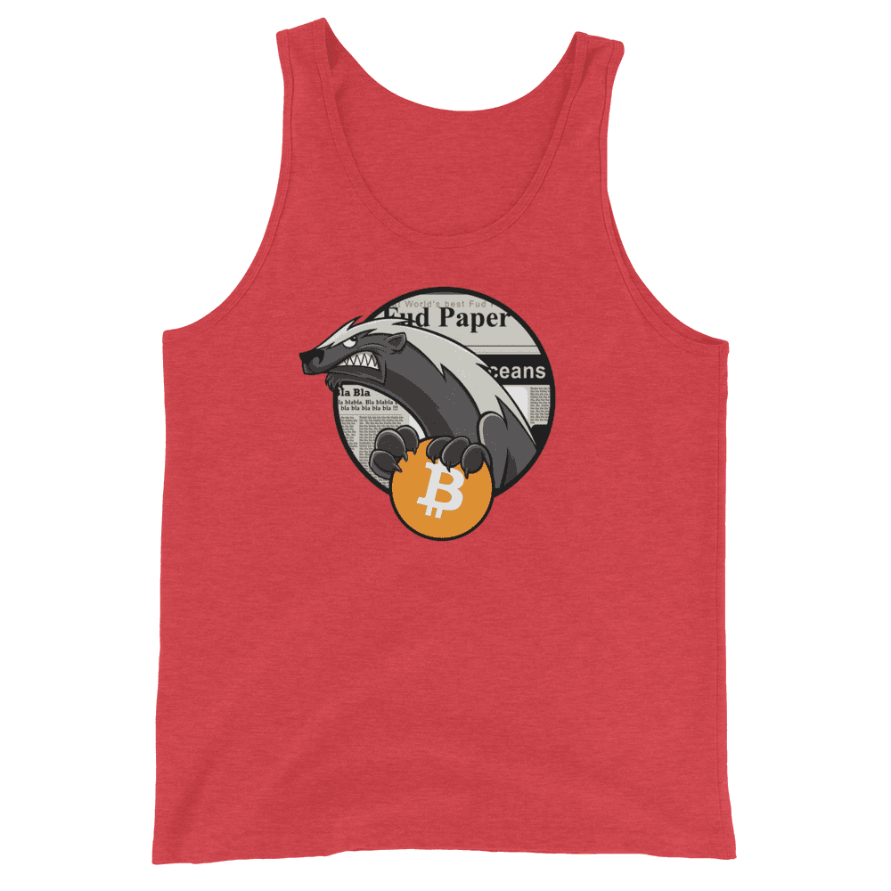 Front view of a red triblend bitcoin tank top.