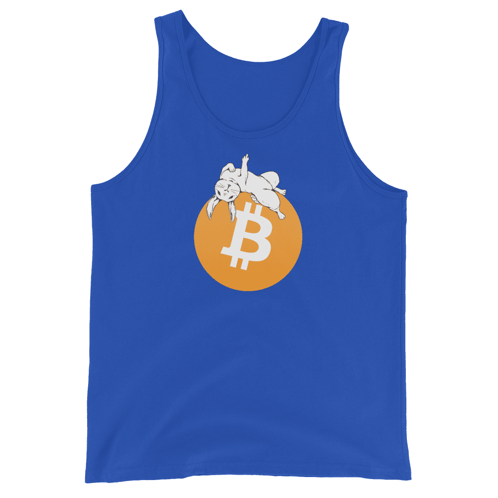 Front view of a royal blue bitcoin tank top.