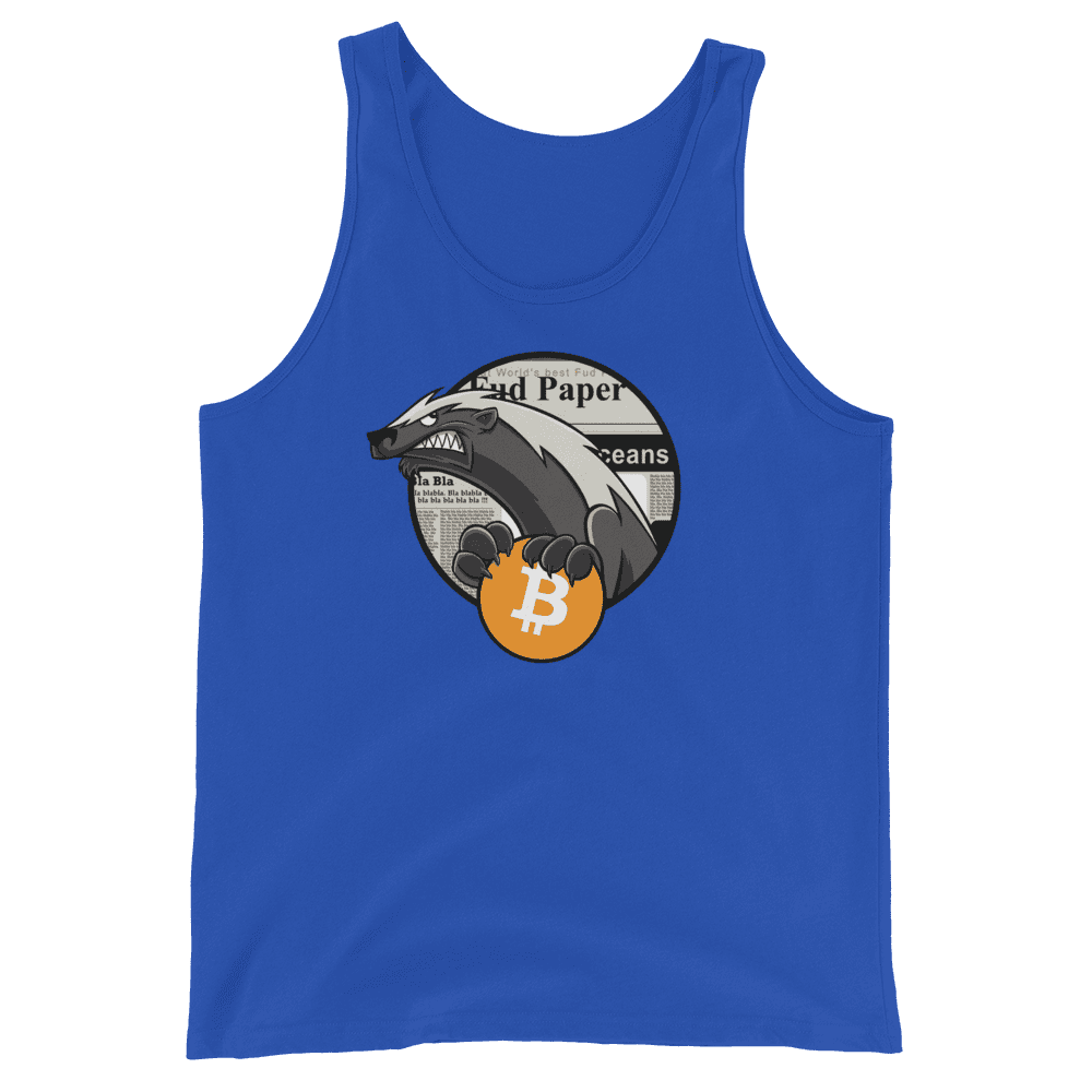 Front view of a royal blue bitcoin tank top.