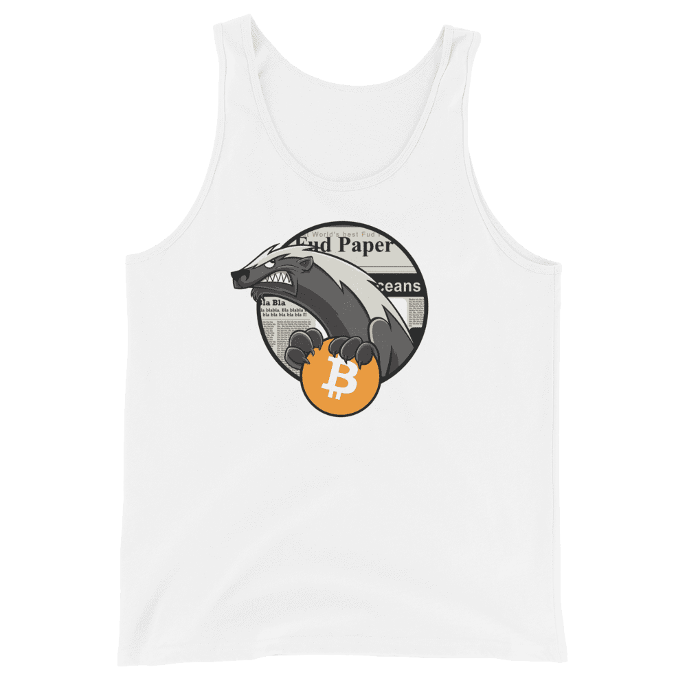 Front view of a white bitcoin tank top.