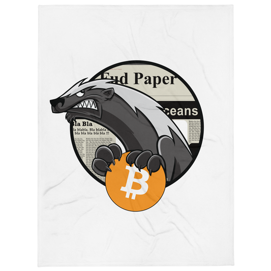 Front view of a white bitcoin blanket.