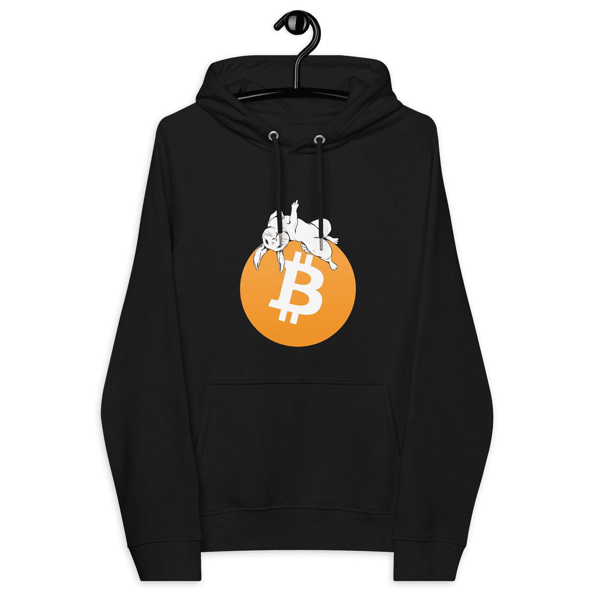 Front view of a black bitcoin hoodie.