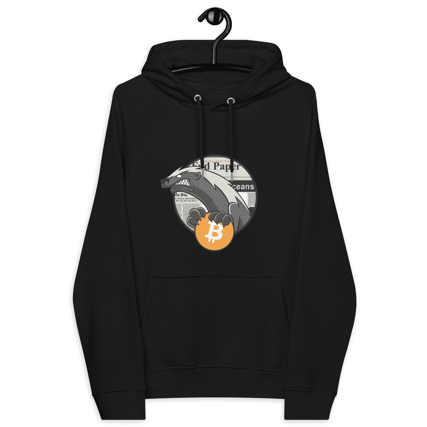 Front view of a black bitcoin hoodie.