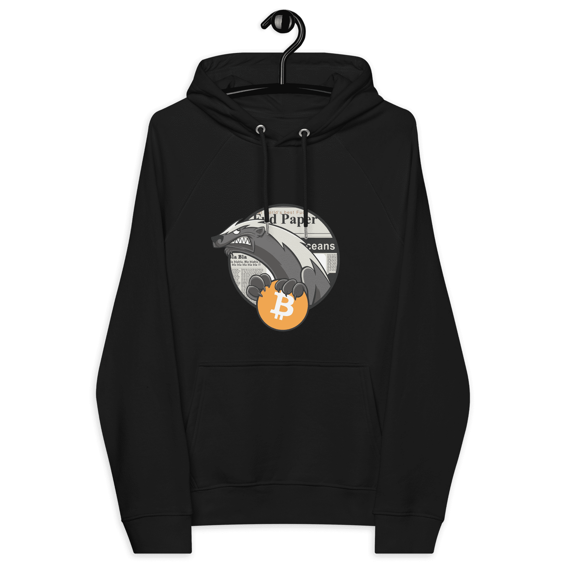 Front view of a black bitcoin hoodie.