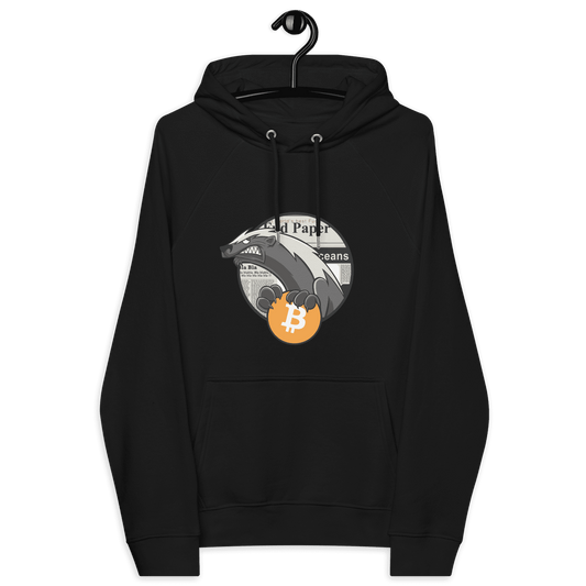 Front view of a black bitcoin hoodie.