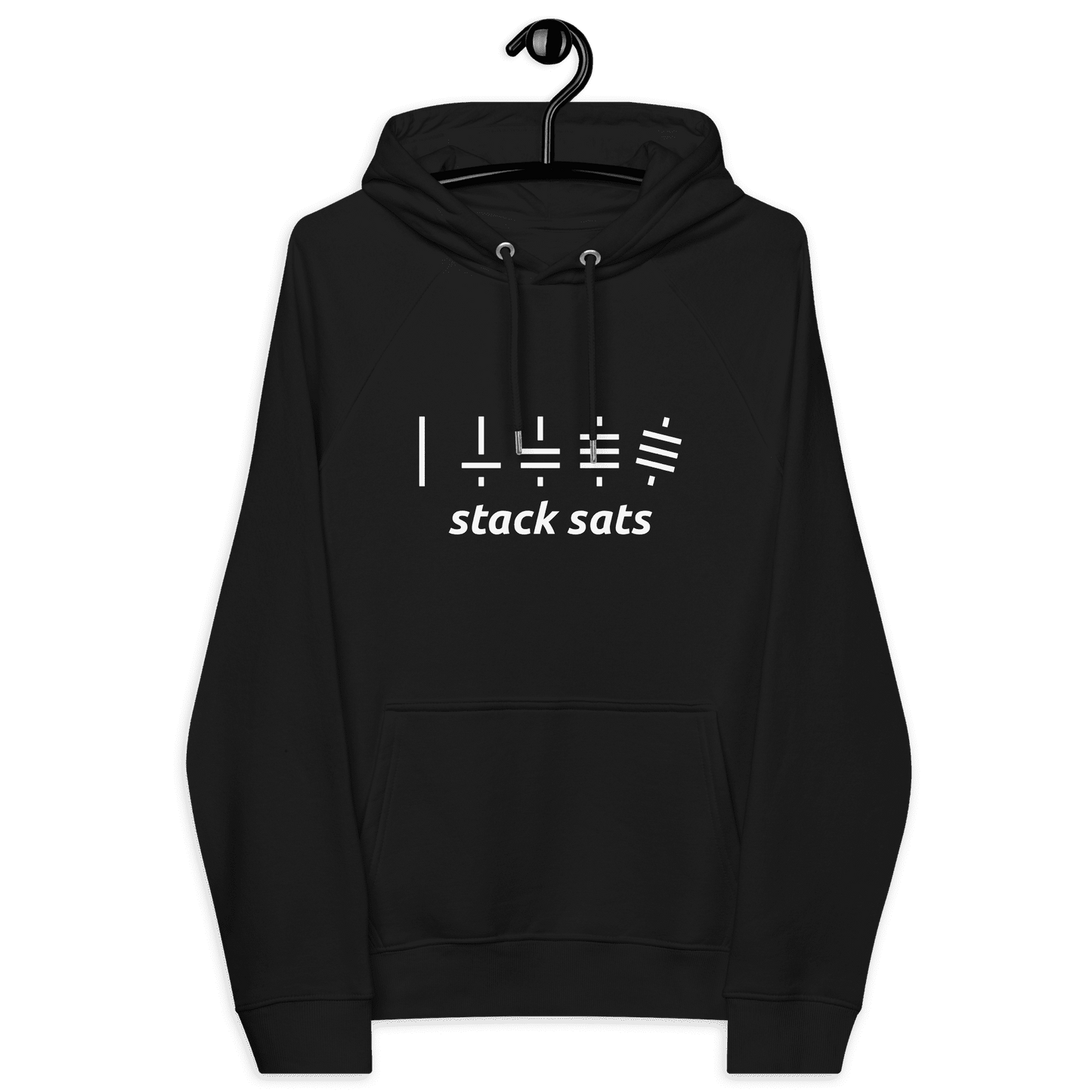 Front view of a black bitcoin hoodie.