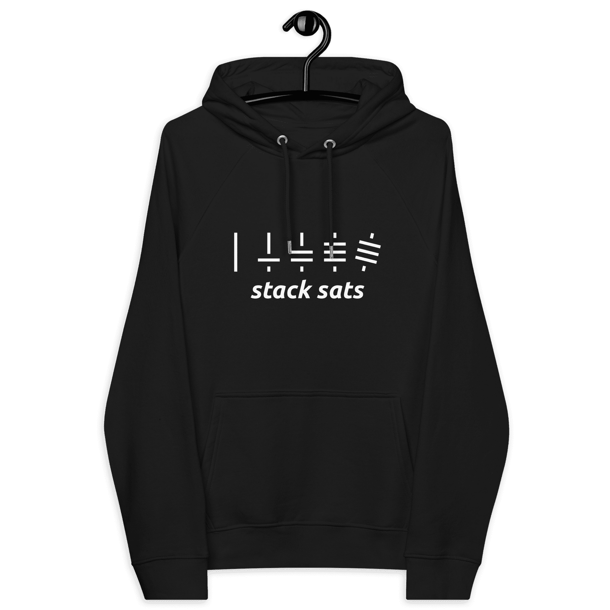 Front view of a black bitcoin hoodie.