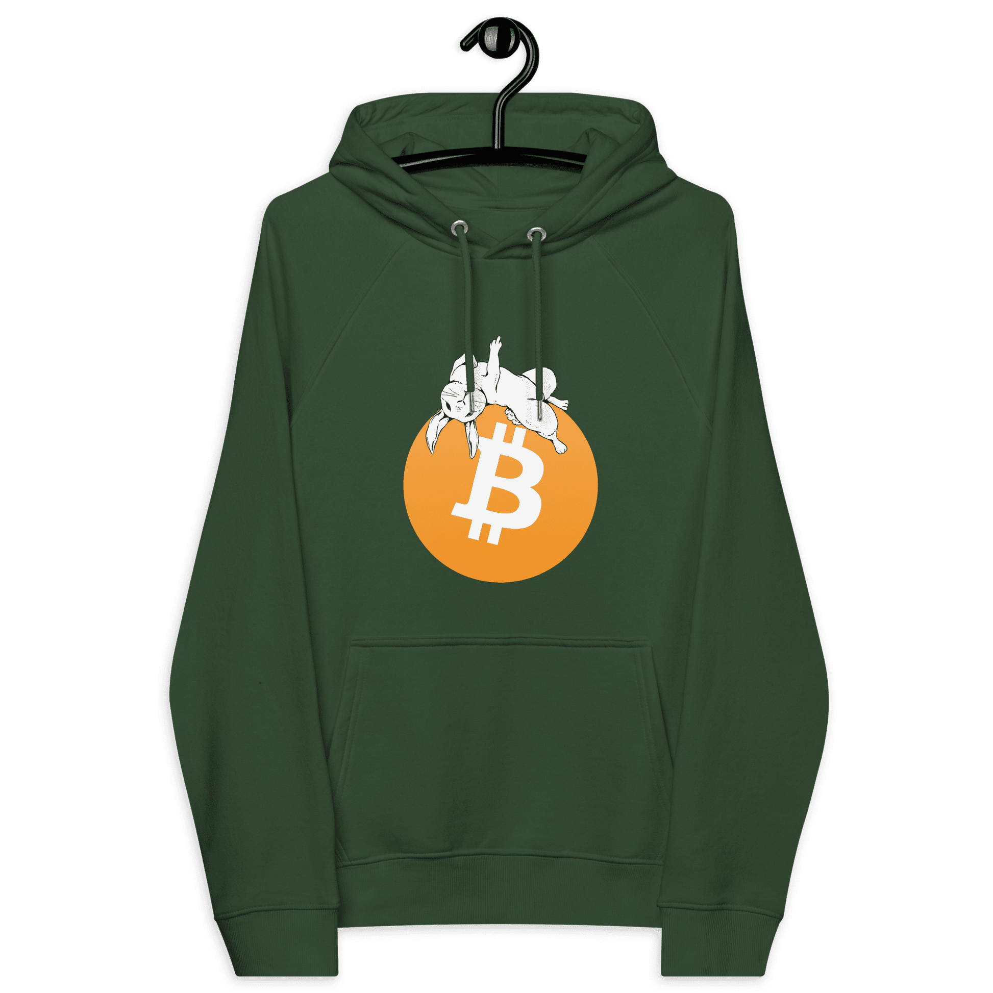 Front view of a bottle green colored bitcoin hoodie.