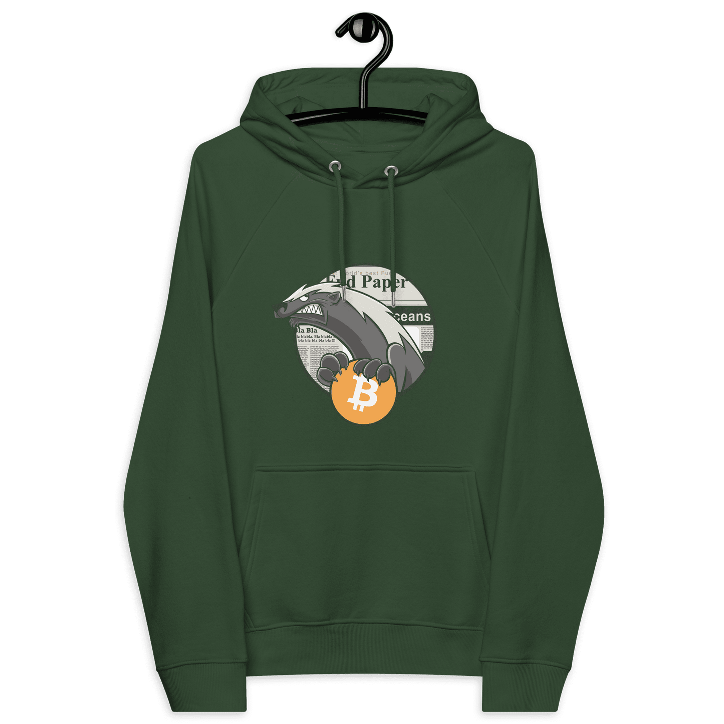 Front view of a bottle green colored bitcoin hoodie.