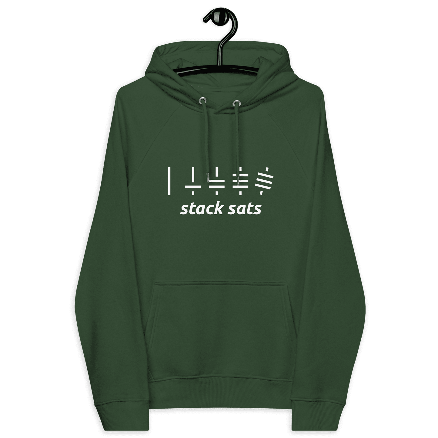 Front view of a bottle green colored bitcoin hoodie.